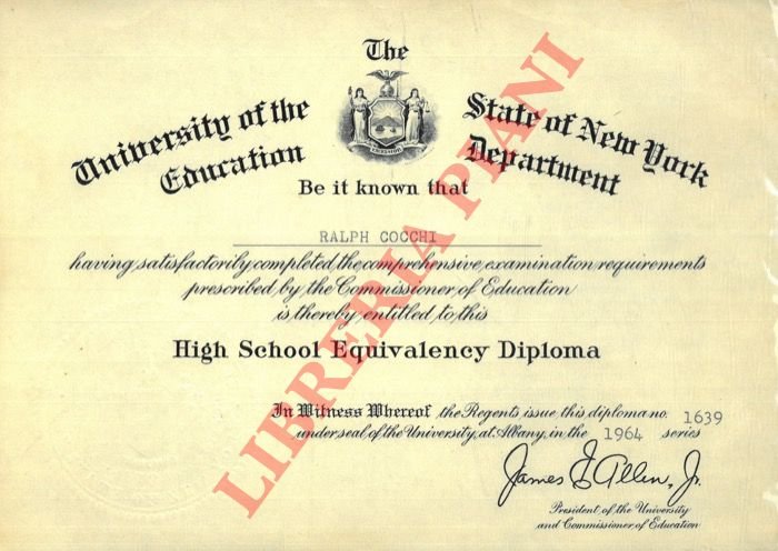 High School Equivalency Diploma a Ralph Cocchi.
