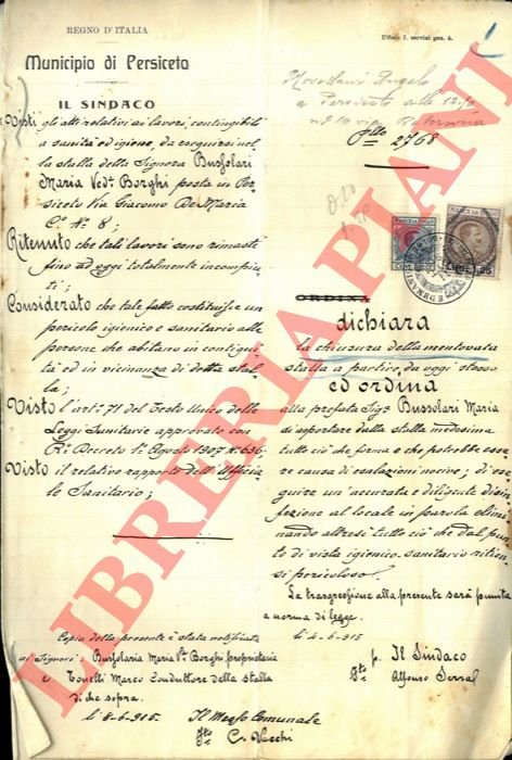 Il Sindaco ordina la immediata chiusura della stalla della Signora …