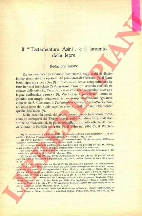 Il “Testamentum Asini” e il lamento della lepre.