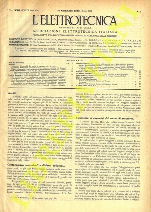 L'elettrotecnica. 1935. Giornale ed atti della Associazione Elettrotecnica Italiana.