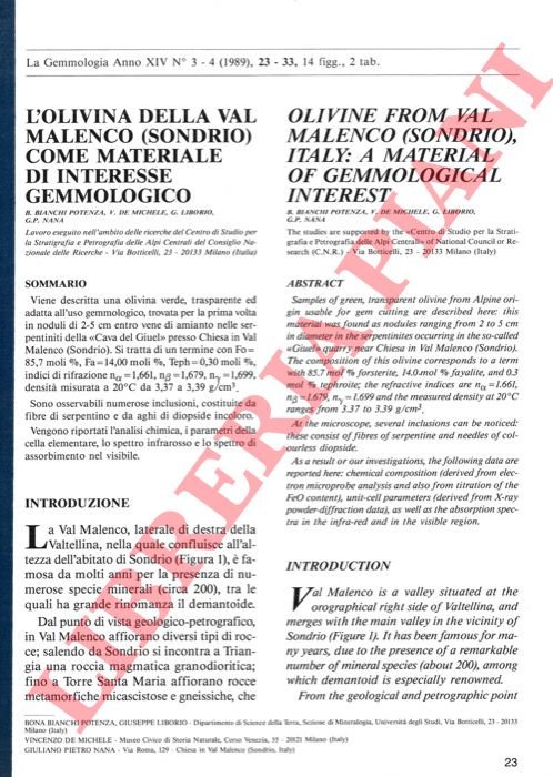 L'olivina della Val Malenco (Sondrio) come materiale d'interesse gemmologico - …