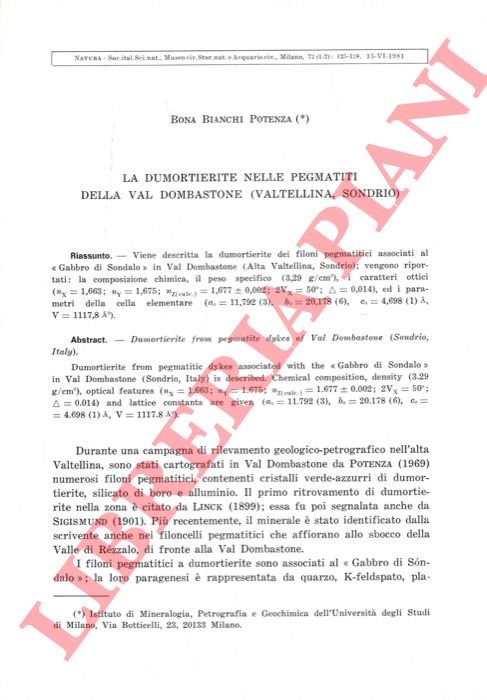 La dumortierite nelle pegmatiti della Val Dombastone (Valtellina, Sondrio) .