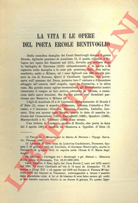 La vita e le opere del poeta Ercole Bentivoglio.
