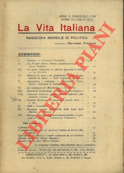 La Vita Italiana. Rassegna mensile di politica diretta da Giovanni …