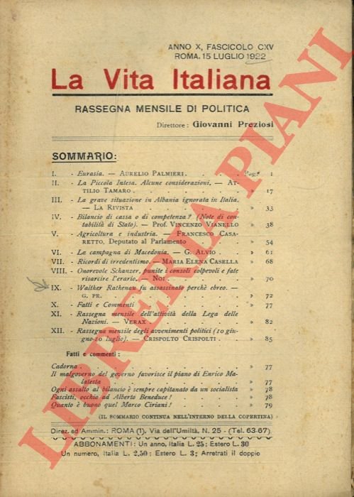 La Vita Italiana. Rassegna mensile di politica diretta da Giovanni …