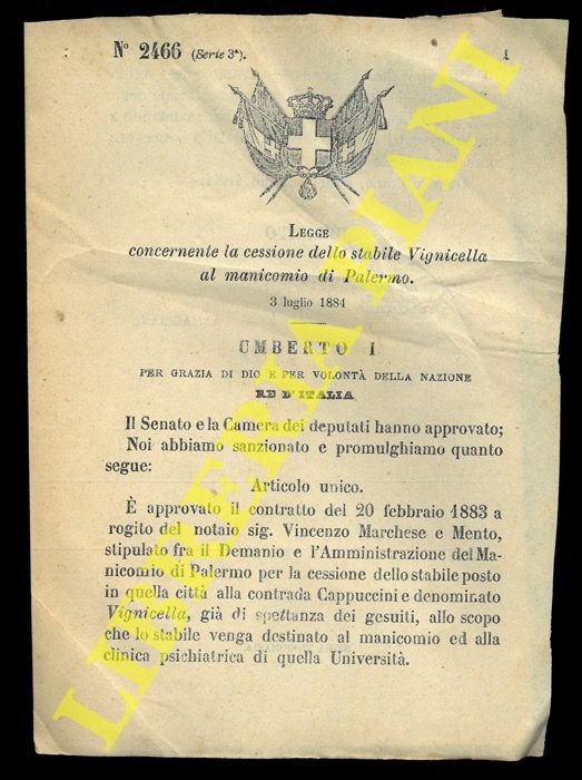 Legge concernente la cessione dello stabile Vignicella al manicomio di …