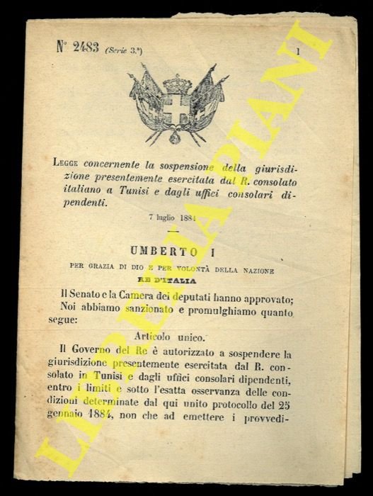 Legge concernente la sospensione della giurisdizione presentemente esercitata dal R.consolato …