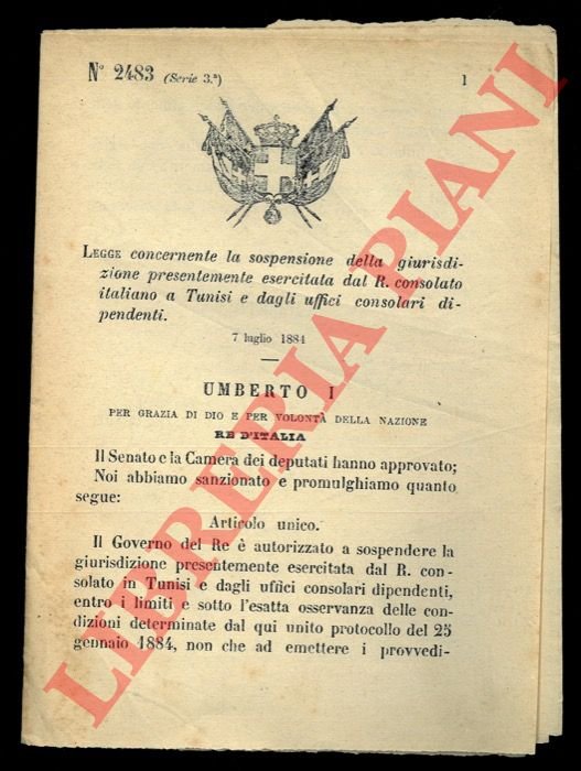 Legge concernente la sospensione della giurisdizione presentemente esercitata dal R.consolato …