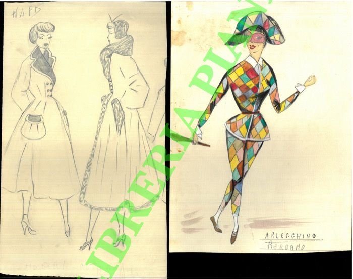 Lotto di disegni, modellini sartoria, ritratti, a matita e colorati,