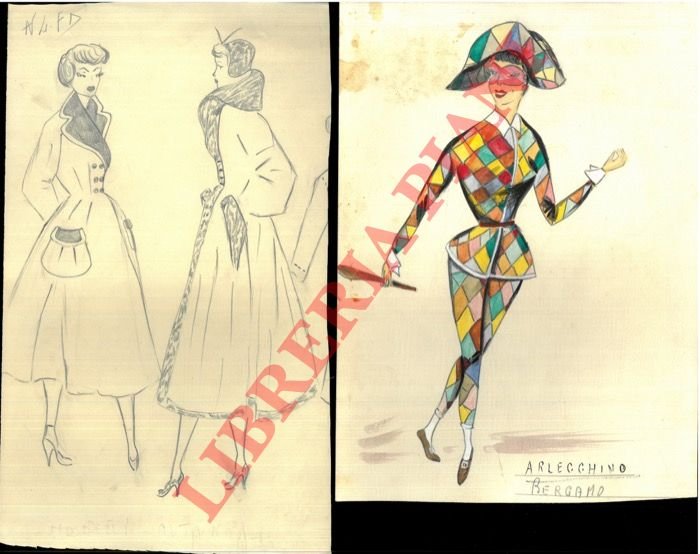 Lotto di disegni, modellini sartoria, ritratti, a matita e colorati,