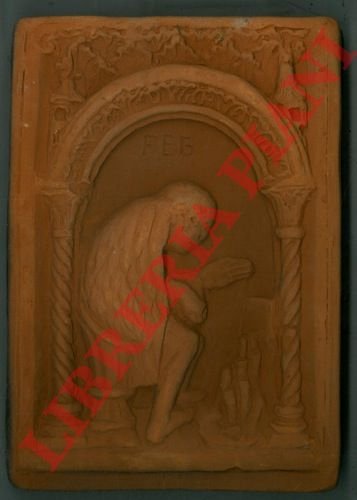 Mattonella in terracotta : contadino seduto, sotto la scritta "feb".