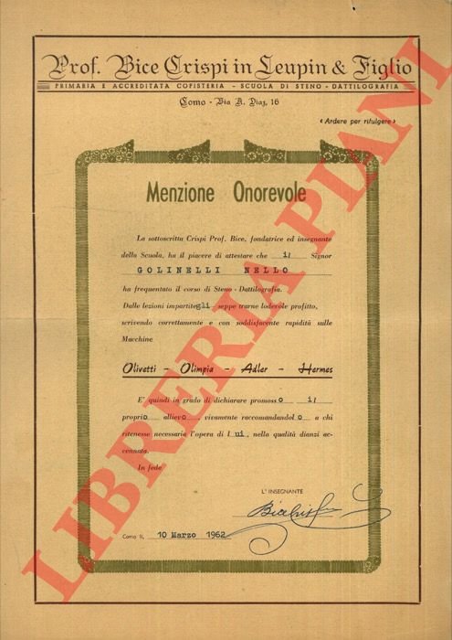 Menzione Onorevole, Steno - Dattilografia sulle Macchine Olivetti - Olimpia …