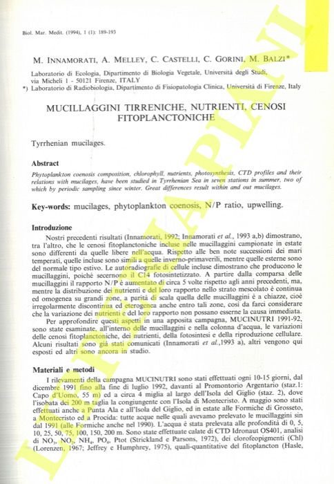 Mucillaggini tirreniche, nutrienti, cenosi fitoplanctoniche.