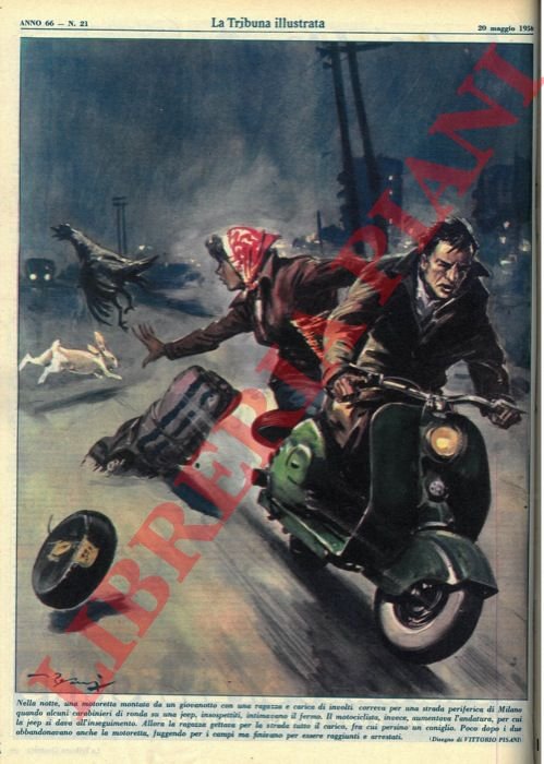 Nella notte, una motoretta montata da un giovanotto con una …