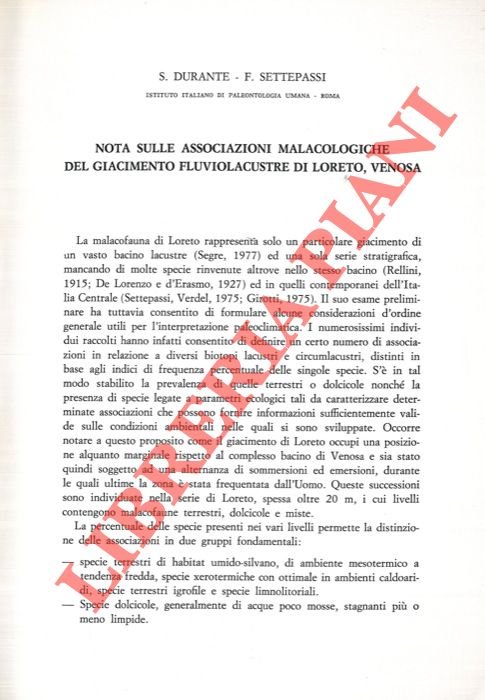 Nota sulle associazioni malacologiche del giacimento fluviolacustre di Loreto, Venosa.