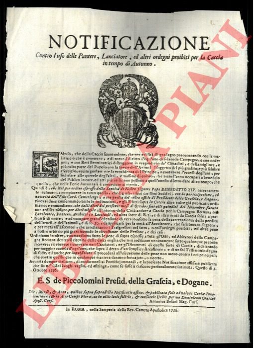 Notificazione contro l'uso delle Pantere, Lanciatore, ed altri ordigni proibiti …