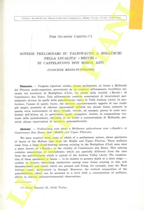 Notizie preliminari su paleofaune a Molluschi della località "Becchi" di …