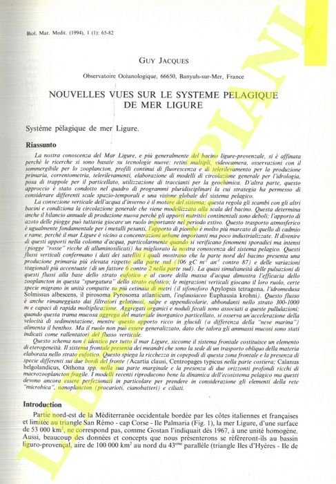 Nouvelles vues sur le systeme pelagique de Mer Ligure.