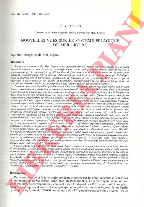 Nouvelles vues sur le systeme pelagique de Mer Ligure.
