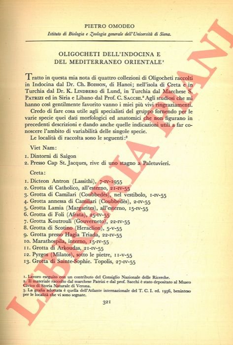 Oligocheti dell'Indocina e del Mediterraneo orientale.