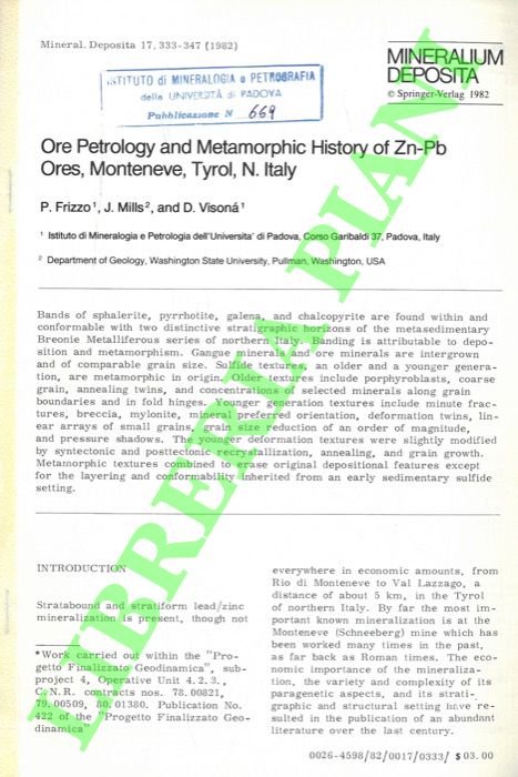 Ore Petrology and Metamorphic History of Zn-Pb Ores, Monteneve, Tyrol, …