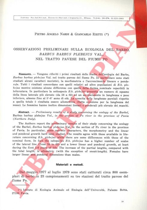 Osservazioni preliminari sulla ecologia del Barbo, Barbus barbus plebejus Val., …