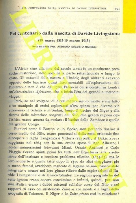 Pel centenario dalla nascita di Davide Livingstone (19 marzo 1813 …