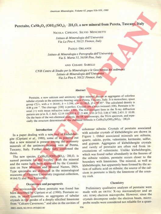 Peretaite, CaSb4O4(OH)2(SO4)2 . 2H2O a new mineral from Pereta, Tuscany, …