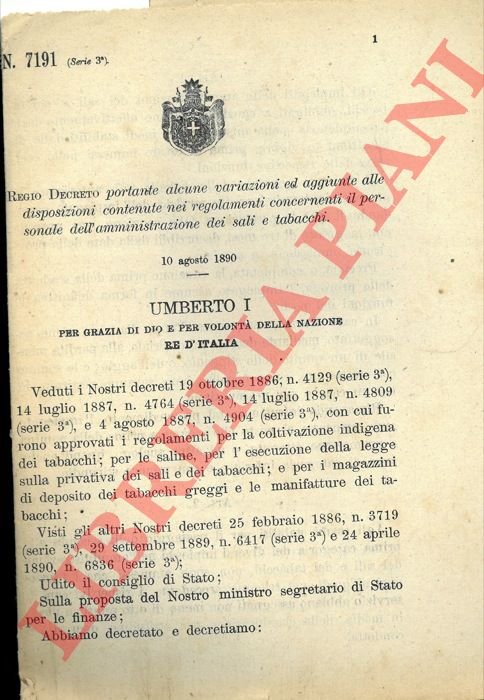 portante alcune variazioni ed aggiunte alle disposizioni contenute nei regolamenti …