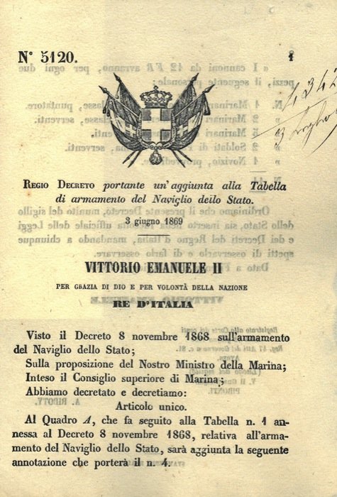 portante un'aggiunta alla Tabella di armamento del Naviglio dello Stato.