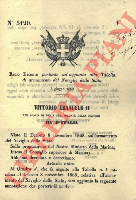 portante un'aggiunta alla Tabella di armamento del Naviglio dello Stato.
