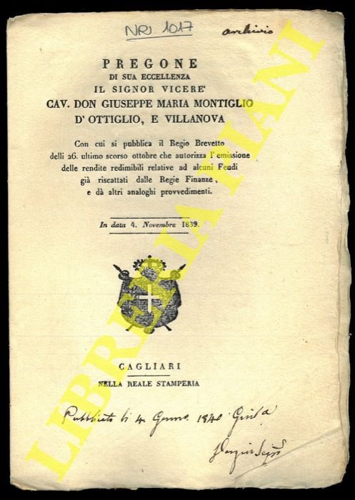 Pregone con cui si pubblica il Regio Brevetto delli 26 …