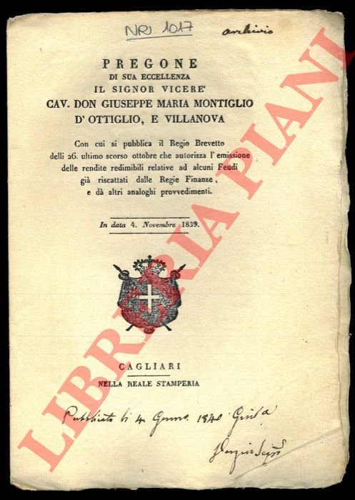 Pregone con cui si pubblica il Regio Brevetto delli 26 …