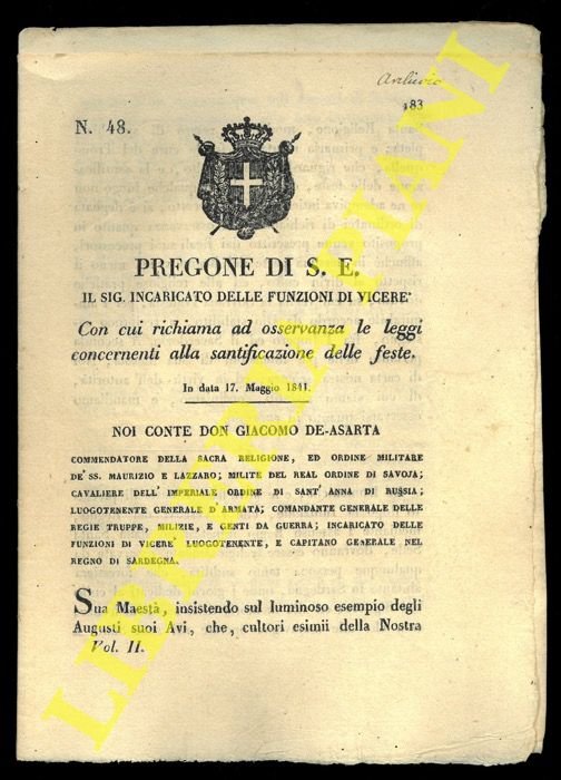 Pregone con cui si richiama ad osservanza le leggi concernenti …