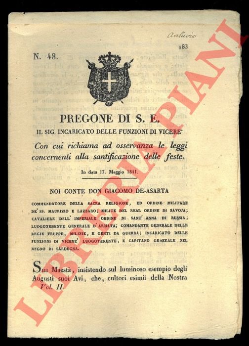 Pregone con cui si richiama ad osservanza le leggi concernenti …