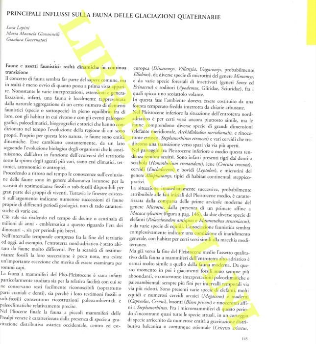 Principali influssi sulla fauna delle glaciazioni quaternarie.