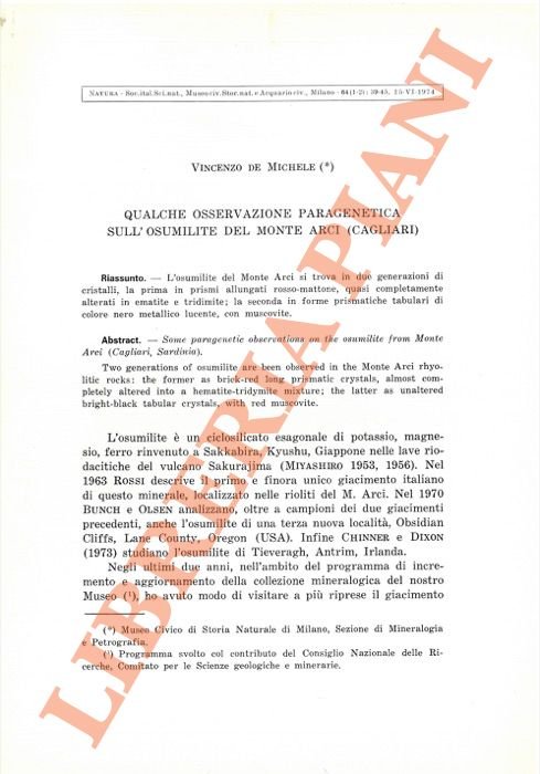 Qualche osservazione paragenetica sull'osumilite del Monte Arci (Cagliari).