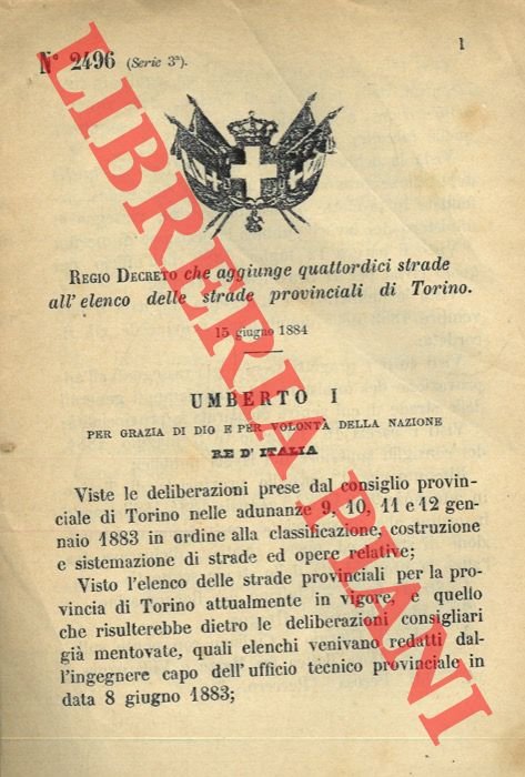 Regio Decreto che aggiunge quattordici strade all'elenco delle strade provinciali …