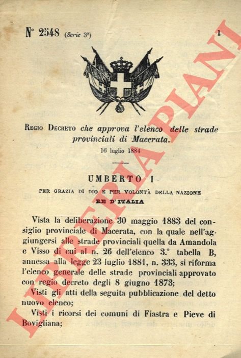 Regio Decreto che approva l'elenco delle strade provinciali di Macerata.