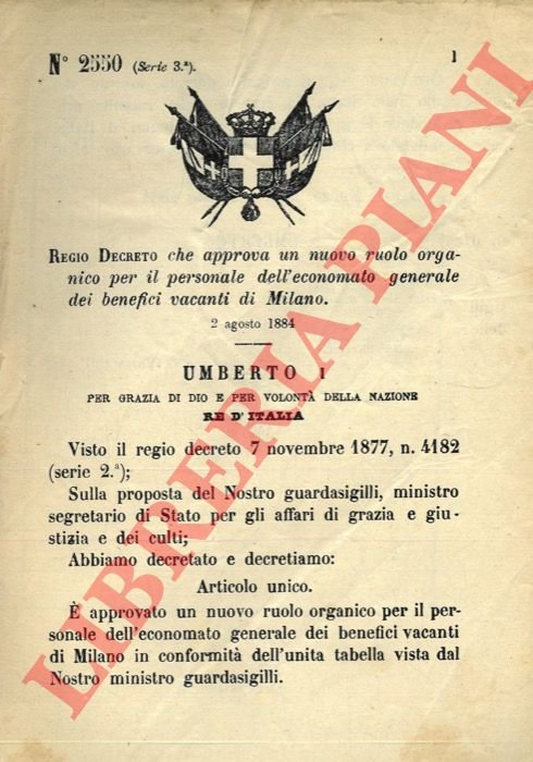 Regio Decreto che approva un nuovo ruolo organico per il …