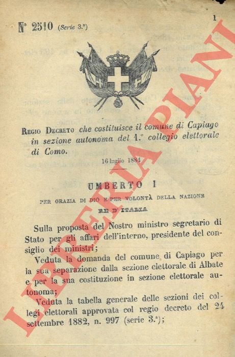 Regio Decreto che costituisce il comune di Capiago in sezione …