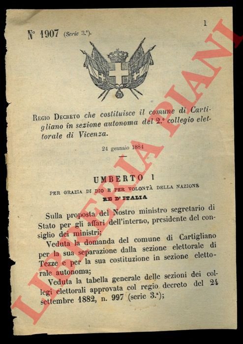 Regio Decreto che costituisce il comune di Cartigliano in sezione …