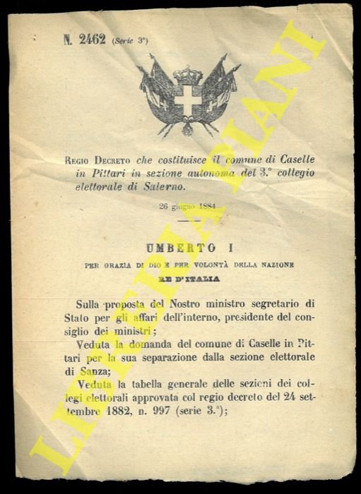 Regio Decreto che costituisce il comune di Caselle in Pittari …