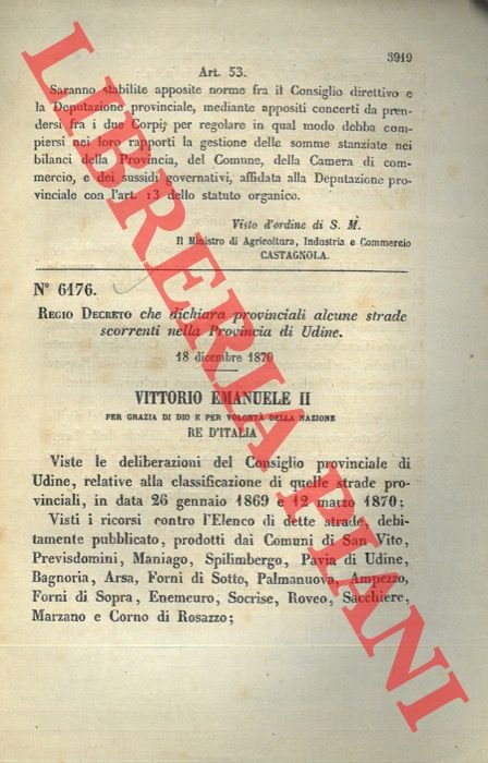 Regio Decreto che dichiara provinciali alcune strade scorrenti nella Provincia …