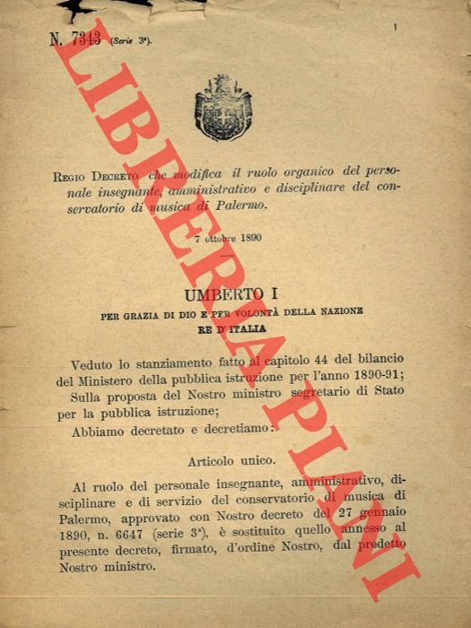 Regio Decreto che modifica il ruolo organico del personale insegnante, …