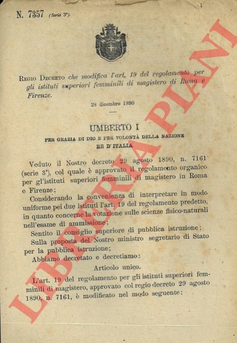 Regio Decreto che modifica l'articolo 19 del regolamento per gli …