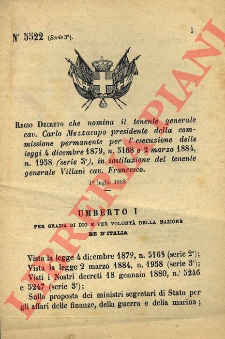 Regio Decreto che nomina il tenente generale cav.Carlo Mezzacapo presidente …