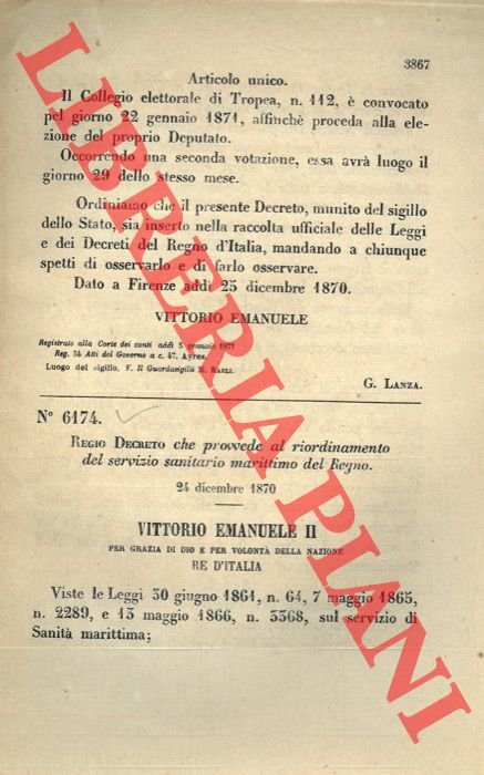 Regio Decreto che provvede al riordinamento del servizio sanitario marittimo …