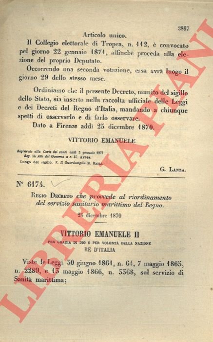 Regio Decreto che provvede al riordinamento del servizio sanitario marittimo …