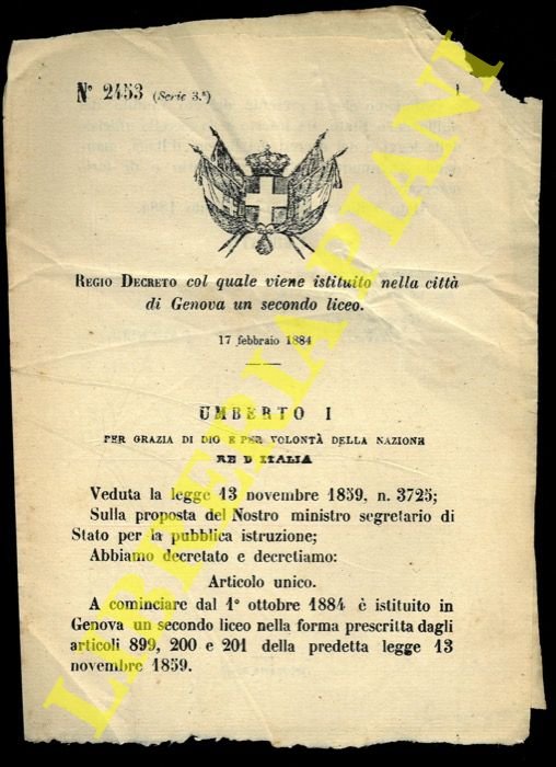 Regio Decreto col quale viene istituito nella città di Genova …